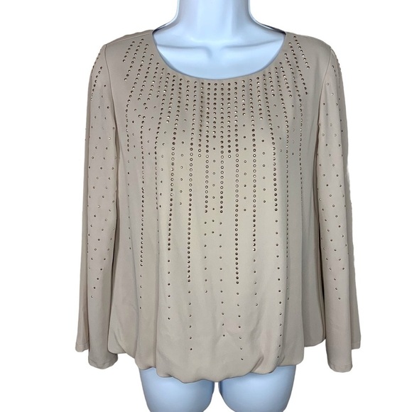 XS Alfani Beige Gold Studded Blouse Long Sleeve Glam Lightweight Extra Small 0 2 - Picture 1 of 7